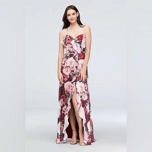 CACHET floral chiffon wrap dress with cascading ruffle